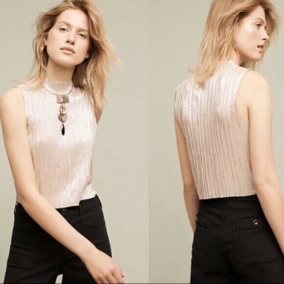 Anthropologie Eri + Ali Metallic Gold Mock Neck Sleeveless Small Shimmer Top - Picture 1 of 17